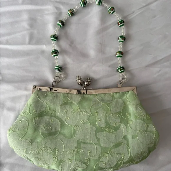 Vintage Beaded Floral Satin Purse – Mint Green Sequin Clutch Embellished - Picture 4 of 10